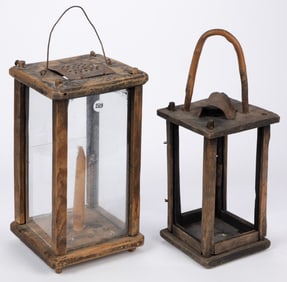 ASSORTED WOOD AND GLASS CANDLE LANTERNS, LOT OF TWO