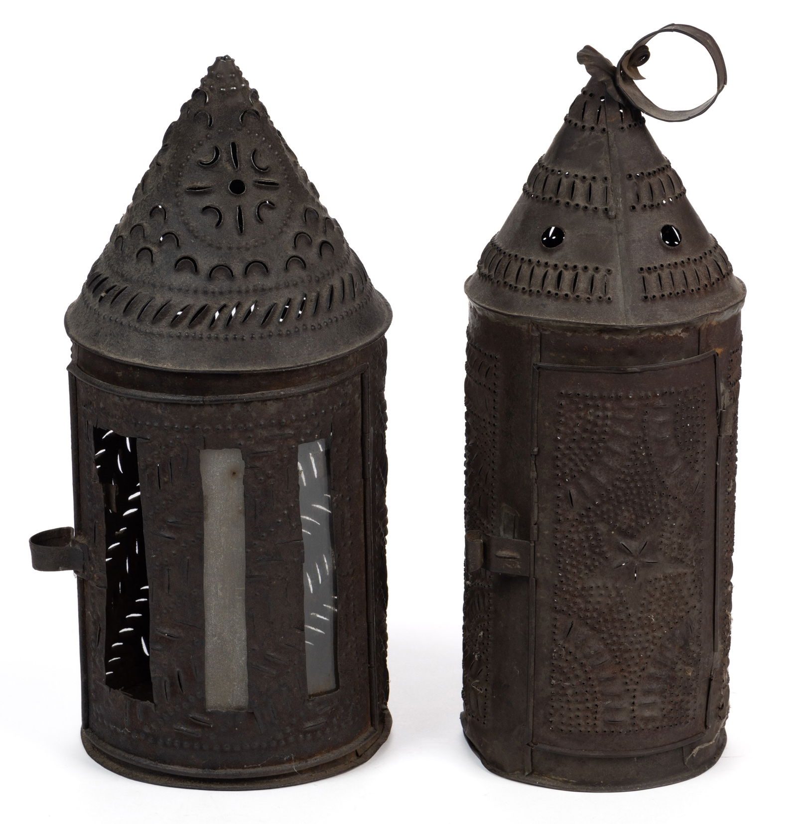 ASSORTED PIERCED AND PUNCHED SHEET-IRON CANDLE LANTERNS, LOT OF TWO (1 of 2)