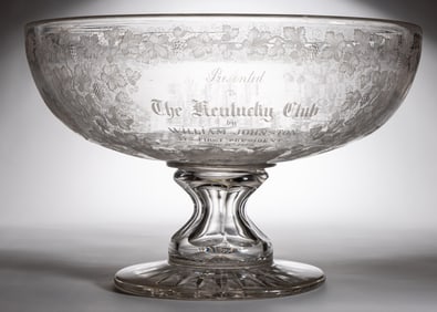 IMPORTANT AMERICAN "THE KENTUCKY CLUB" ENGRAVED BLOWN GLASS PRESENTATION MONUMENTAL PUNCH BOWL