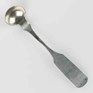 B.F. DUVALL, VERSAILLES, KENTUCKY COIN SILVER MUSTARD SPOON / LADLE: B.F. DUVALL, VERSAILLES, KENTUCKY COIN SILVER MUSTARD SPOON / LADLE, a round bowl on a fiddle handle with pointed shoulders and engraved &quot;W&quot; initial. Impressed to back with partially worn &q