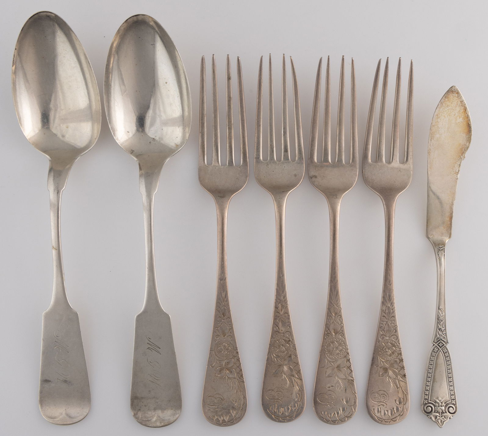 LANCASTER AND LOUISVILLE, KENTUCKY RETAILED, WHITING MFG. CO. STERLING SILVER FLATWARE, LOT OF SEVEN (1 of 2)