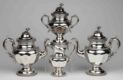 NEW YORK CITY, NEW YORK RETAILED COIN SILVER ASSEMBLED FOUR-PIECE COFFEE / TEA SERVICE