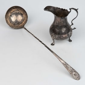 AMERICAN COIN SILVER CREAM POT / JUG AND LADLE, LOT OF TWO