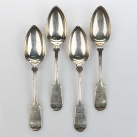 EARLY TIFFANY & CO. RETAILED NEW YORK CITY, NEW YORK COIN SILVER TABLESPOONS, SET OF FOUR