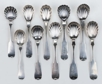 NORTHEASTERN AMERICAN AND MARYLAND COIN SILVER SHELL SUGAR SPOONS, LOT OF TEN