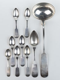 PENNSYLVANIA AND MARYLAND COIN SILVER SPOONS AND LADLE, LOT OF NINE