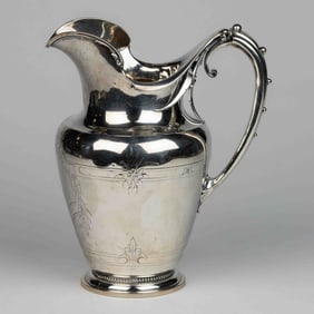 GORHAM & CO. AESTHETIC MOVEMENT ENGRAVED DECORATED COIN SILVER WATER PITCHER
