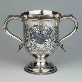 JAMES STAMP, ENGLISH GEORGIAN ARMORIAL ENGRAVED, CHASED, AND REPOUSSE STERLING SILVER LOVING CUP