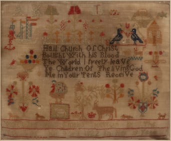 BRITISH, POSSIBLY MORAVIAN, PICTORIAL NEEDLEWORK SAMPLER