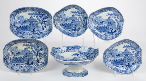 STAFFORDSHIRE TRANSFER-PRINTED INDIA VIEW CERAMIC SIX-PIECE DESSERT SET