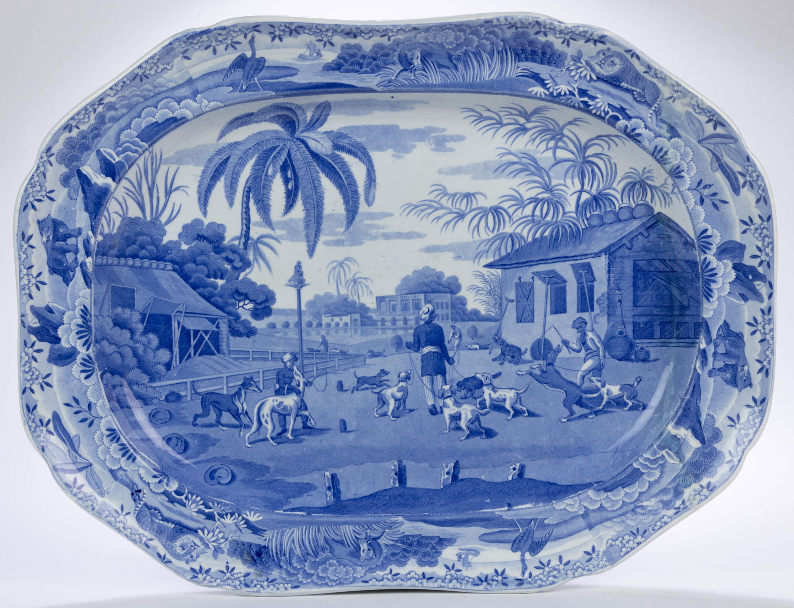 STAFFORDSHIRE INDIA VIEW TRANSFER-PRINTED CANINE / INDIA MOTIF CERAMIC PLATTER (1 of 2)