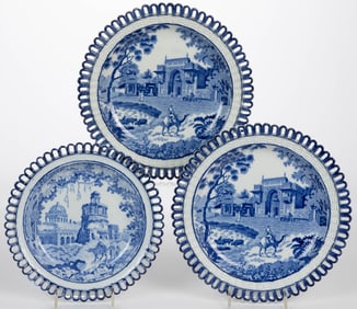 STAFFORDSHIRE TRANSFER-PRINTED INDIA VIEW CERAMIC ARCADED / RETICULATED PLATES, LOT OF THREE