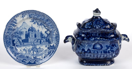 STAFFORDSHIRE TRANSFER-PRINTED INDIA MOTIF CERAMIC TABLE ARTICLES, LOT OF TWO