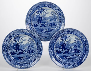 STAFFORDSHIRE TRANSFER-PRINTED INDIAN SPORTING SERIES MOTIF CERAMIC PLATES, LOT OF THREE