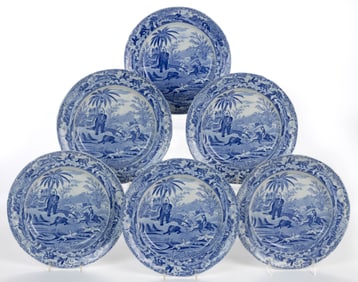 STAFFORDSHIRE SPODE TRANSFER-PRINTED INDIAN SPORTING SERIES CERAMIC PLATES, LOT OF SIX