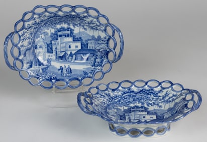STAFFORDSHIRE TRANSFER-PRINTED INDIA VIEW CERAMIC RETICULATED BASKET PAIR
