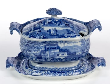STAFFORDSHIRE TRANSFER-PRINTED INDIA VIEW CERAMIC SAUCE TUREEN WITH UNDERTRAY