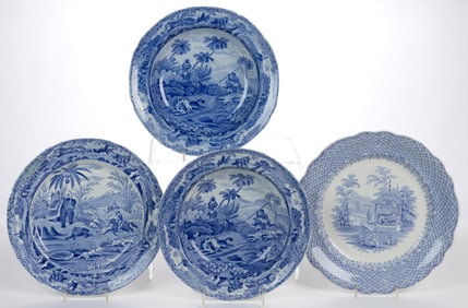 STAFFORDSHIRE TRANSFER-PRINTED INDIAN SPORTING AND OTHER ANIMAL MOTIF CERAMIC PLATES, LOT OF FOUR