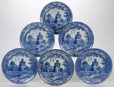 STAFFORDSHIRE TRANSFER-PRINTED INDIA MOTIF CERAMIC PLATES, LOT OF SIX