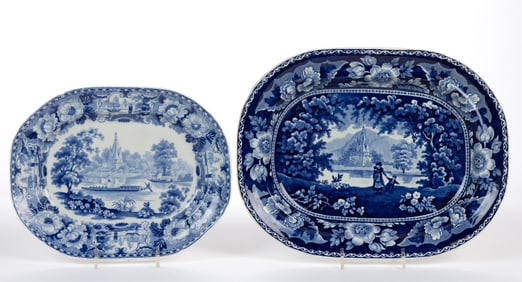 STAFFORDSHIRE TRANSFER-PRINTED INDIA MOTIF CERAMIC PLATTERS, LOT OF TWO