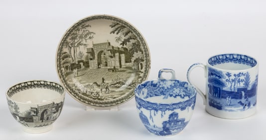 ENGLISH TRANSFER-PRINTED CAMEL / INDIA MOTIF CERAMIC DRINKING / TABLE ARTICLES, LOT OF THREE