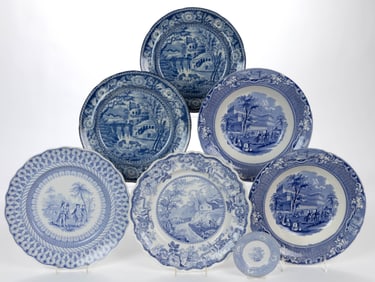 BRITISH TRANSFER-PRINTED AMERICAN VIEWS AND OTHER CERAMIC PLATES, LOT OF SEVEN