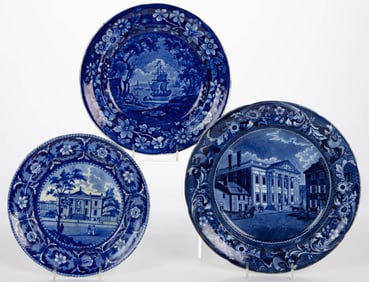 STAFFORDSHIRE TRANSFER-PRINTED AMERICAN VIEWS CERAMIC PLATES, LOT OF THREE