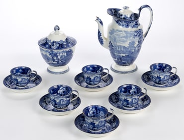 STAFFORDSHIRE WEDGWOOD TRANSFER-PRINTED CERAMIC PARTIAL COFFEE SET, LOT OF 14