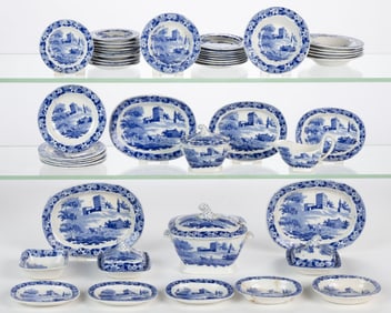 STAFFORDSHIRE TRANSFER-PRINTED BRITISH MOTIF CERAMIC CHILDREN'S TOY DINNER SET, LOT OF 48