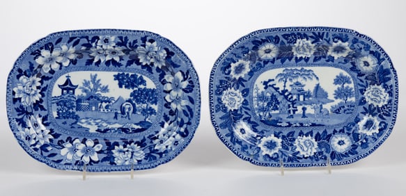 STAFFORDSHIRE TRANSFER-PRINTED CHINOISERIE ANIMAL MOTIF CERAMIC PLATTERS, LOT OF TWO