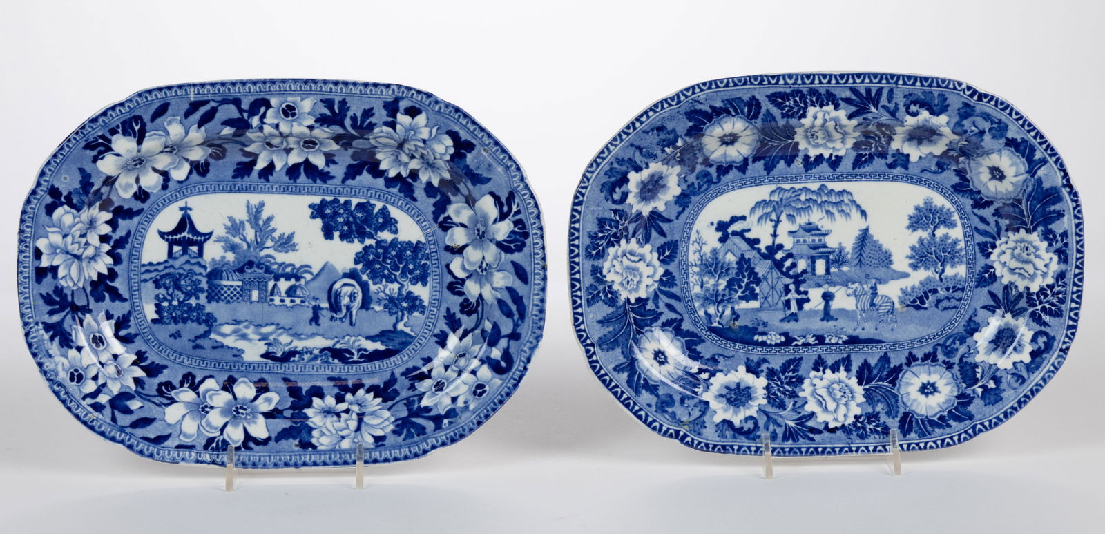 STAFFORDSHIRE TRANSFER-PRINTED CHINOISERIE ANIMAL MOTIF CERAMIC PLATTERS, LOT OF TWO (1 of 2)