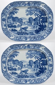 STAFFORDSHIRE TRANSFER-PRINTED LION MOTIF CERAMIC PLATTERS, LOT OF TWO