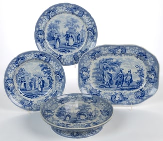 STAFFORDSHIRE TRANSFER-PRINTED "THE DRAMA" CERAMIC TABLE ARTICLES, LOT OF FOUR