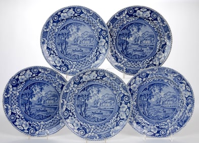 STAFFORDSHIRE TRANSFER-PRINTED "HOLLYWELL COTTAGE / CAVAN." CERAMIC PLATES, SET OF FIVE