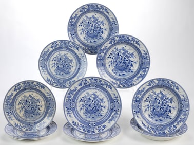 STAFFORDSHIRE MINTON TRANSFER-PRINTED FLORAL BASKET MOTIF CERAMIC PLATES, SET OF TEN