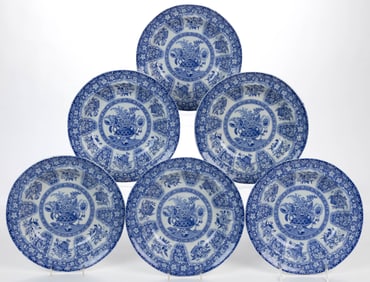 STAFFORDSHIRE TRANSFER-PRINTED FLORAL MOTIF CERAMIC SOUP PLATES, SET OF SIX