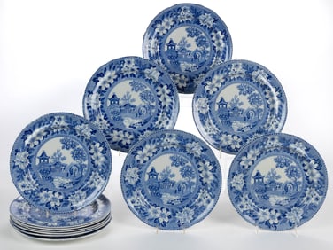 STAFFORDSHIRE TRANSFER-PRINTED CHINOISERIE ELEPHANT MOTIF CERAMIC PLATES, LOT OF 12