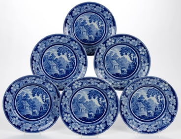 STAFFORDSHIRE TRANSFER-PRINTED COW / BRITISH MOTIF CERAMIC PLATES, LOT OF SIX