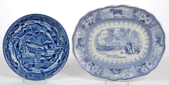 STAFFORDSHIRE TRANSFER-PRINTED ARCTIC SCENERY MOTIF CERAMIC TABLE ARTICLES, LOT OF TWO