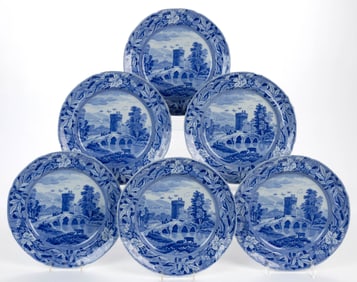 STAFFORDSHIRE SPODE TRANSFER-PRINTED ITALIAN VIEW CERAMIC PLATES, LOT OF SIX