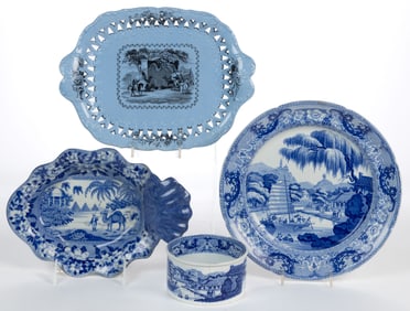 STAFFORDSHIRE TRANSFER-PRINTED CAMEL AND OTHER EXOTIC VIEWS CERAMIC TABLE ARTICLES, LOT OF FOUR