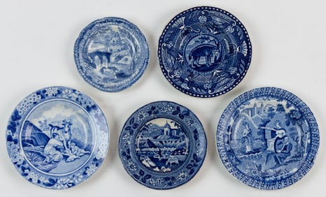 ENGLISH TRANSFER-PRINTED CERAMIC CUP PLATES, LOT OF FIVE