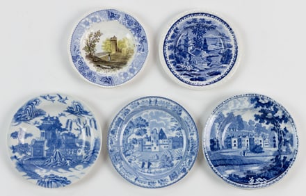 ENGLISH TRANSFER-PRINTED CERAMIC CUP PLATES, LOT OF FIVE