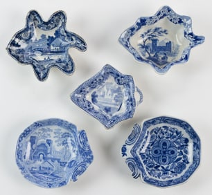 ENGLISH TRANSFER-PRINTED CERAMIC PICKLE DISHES, LOT OF FIVE