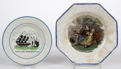 BRITISH TRANSFER-PRINTED FISHING MOTIF CERAMIC CHILDREN'S PLATES, LOT OF TWO