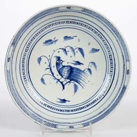 BRITISH PEARLWARE HAND-PAINTED PUNCH BOWL