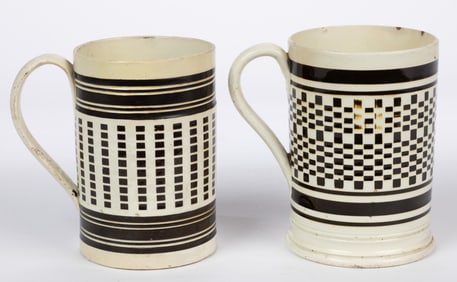 BRITISH CREAMWARE ENGINE-TURNED DIPPED WARE / MOCHA CERAMIC MUGS, LOT OF TWO