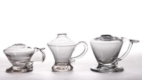 FREE-BLOWN WHALE OIL / FLUID FOOTED FINGER LAMPS, LOT OF THREE