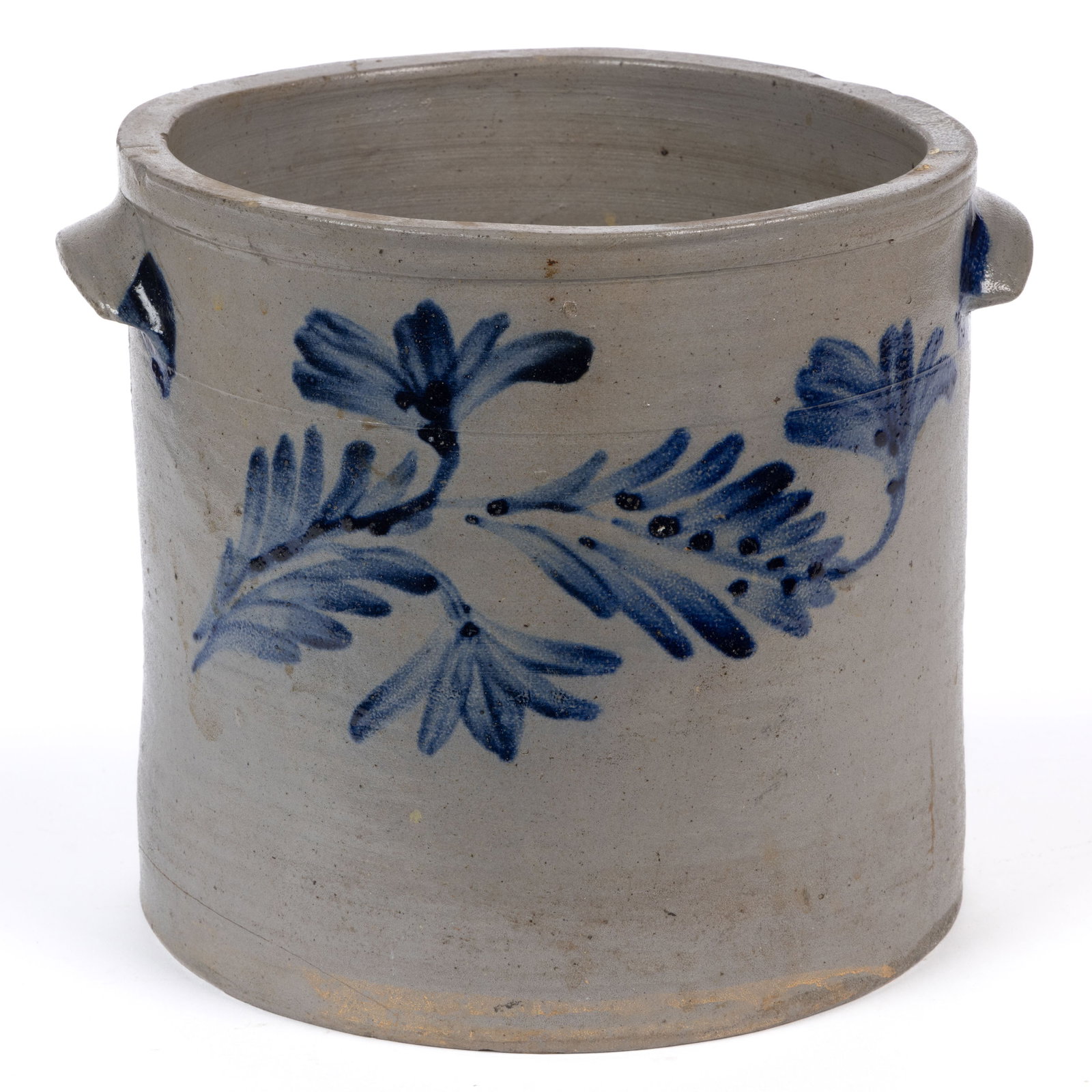 BALTIMORE, MARYLAND DECORATED STONEWARE CROCK: BALTIMORE, MARYLAND DECORATED STONEWARE CROCK, salt-glazed, "2" gallon capacity mark, wide-mouth cylindrical form with squared rim, applied arched tab handles. Brushed cobalt triple-bloom ho