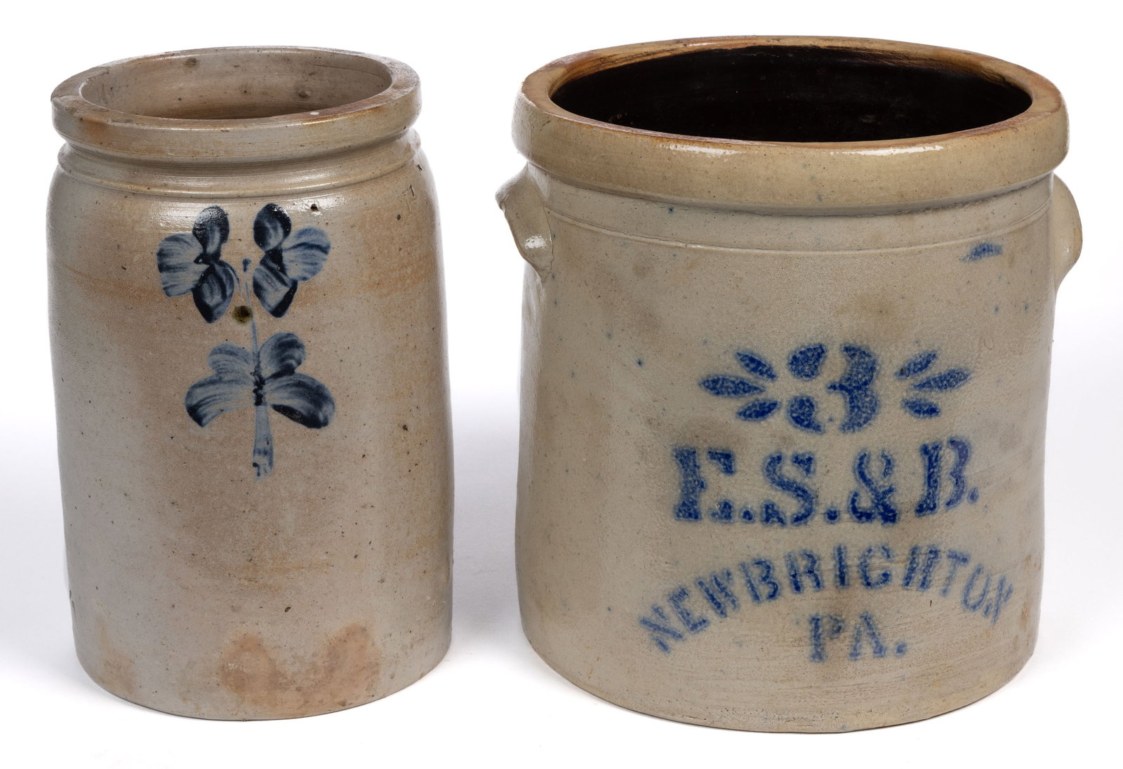 BALTIMORE, MARYLAND AND NEW BRIGHTON, PENNSYLVANIA DECORATED STONEWARE CROCKS, LOT OF TWO: BALTIMORE, MARYLAND AND NEW BRIGHTON, PENNSYLVANIA DECORATED STONEWARE CROCKS, LOT OF TWO, salt-glazed, comprising a "1 1/2" gallon capacity cylindrical-form jar with brushed cobalt&nbs